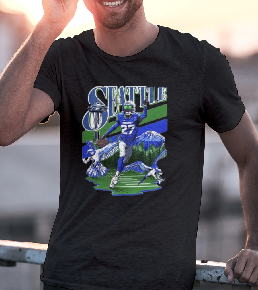 Seattle Seahawks Tariq Woolen Number 27 With Space Needle And Mountain Background T-Shirt