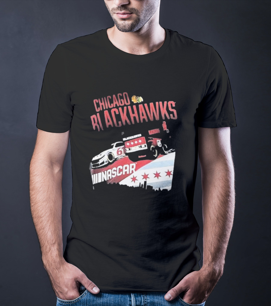 Chicago Blackhawks NASCAR Racing Car With City Skyline And Number 61 T-Shirt