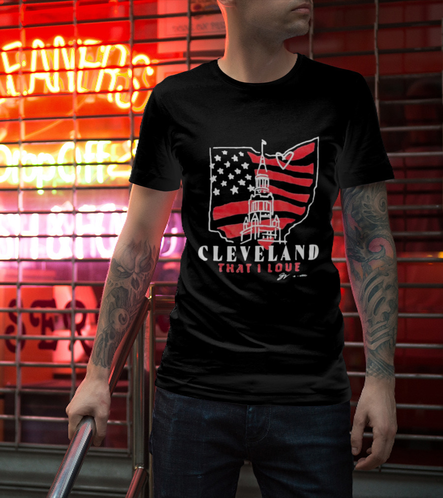 Cleveland That I Love American Flag Tower Ohio Heart Stars Stripes T-Shirt