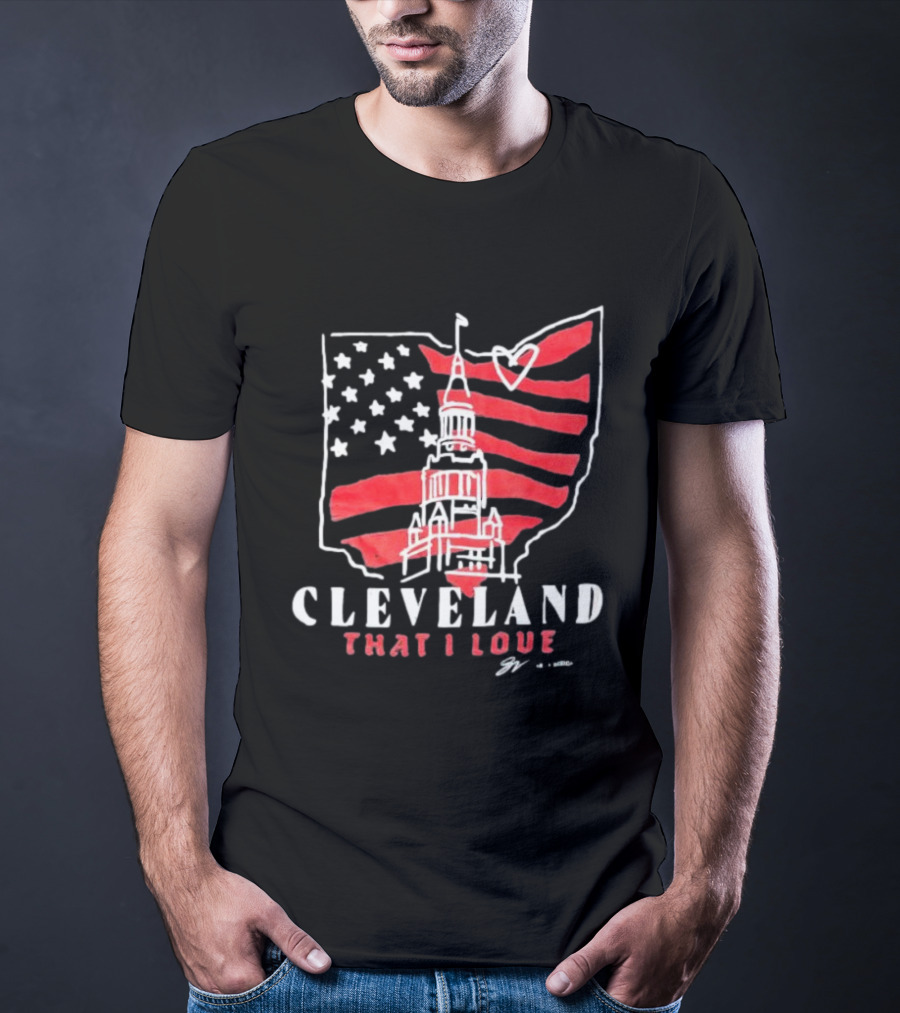 Cleveland That I Love American Flag Tower Ohio Heart Stars Stripes T-Shirt
