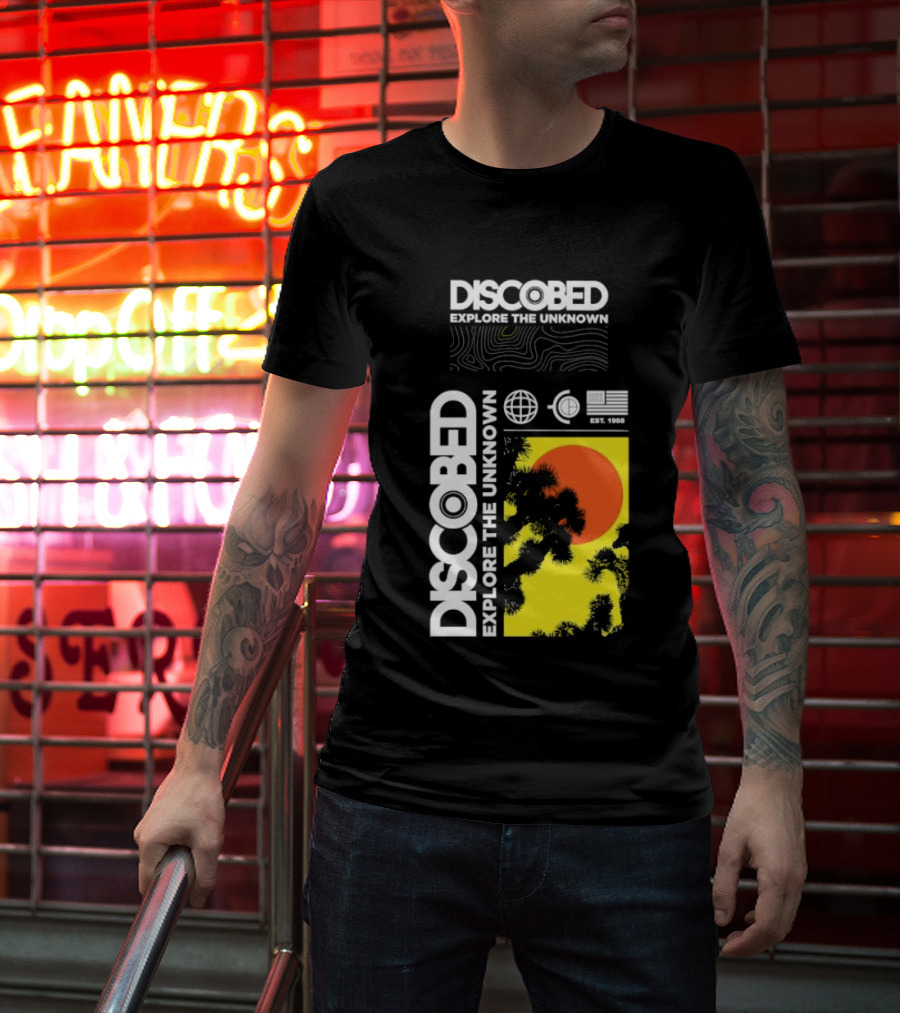 Discobed Explore The Unknown Global Exploration Est 1988 Sun Images With Iconic Nature Scene T-Shirt