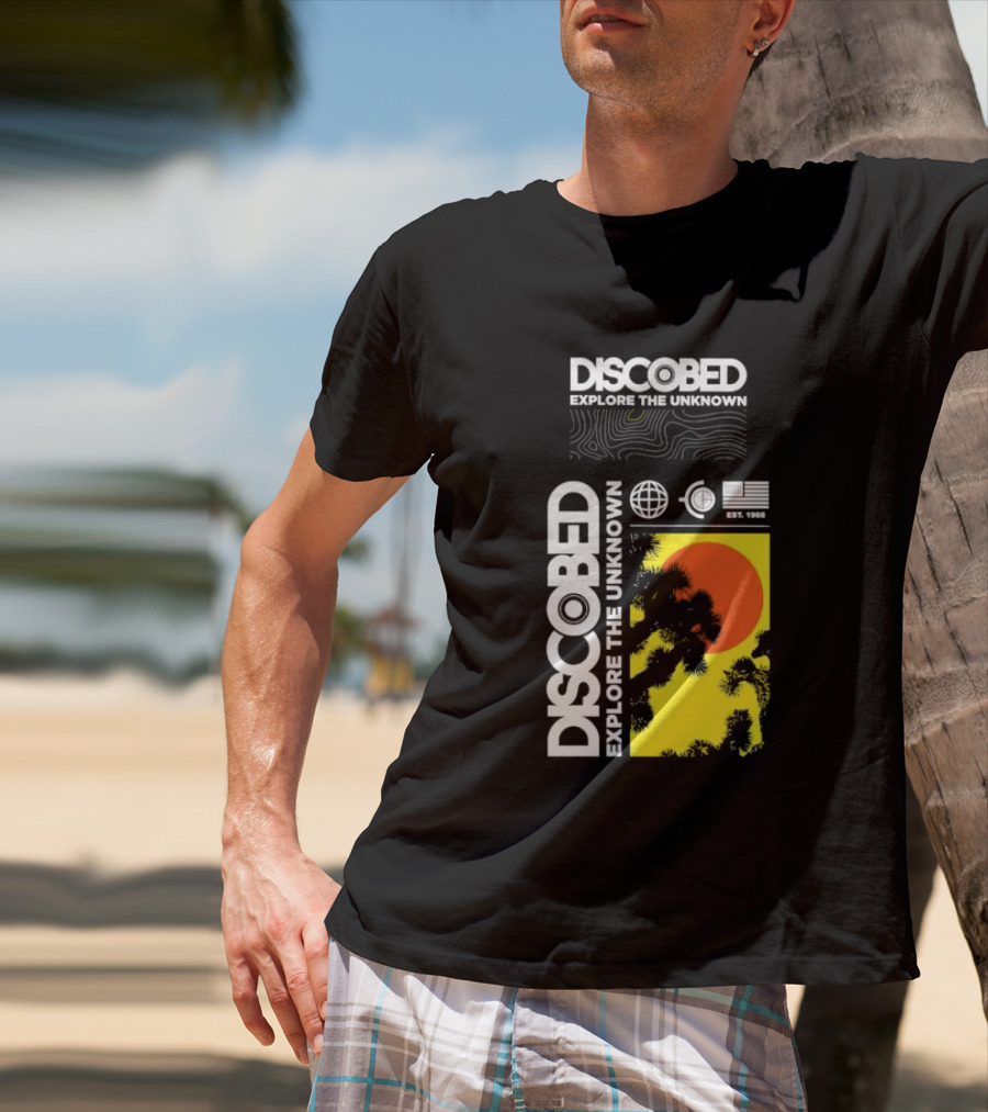Discobed Explore The Unknown Global Exploration Est 1988 Sun Images With Iconic Nature Scene T-Shirt