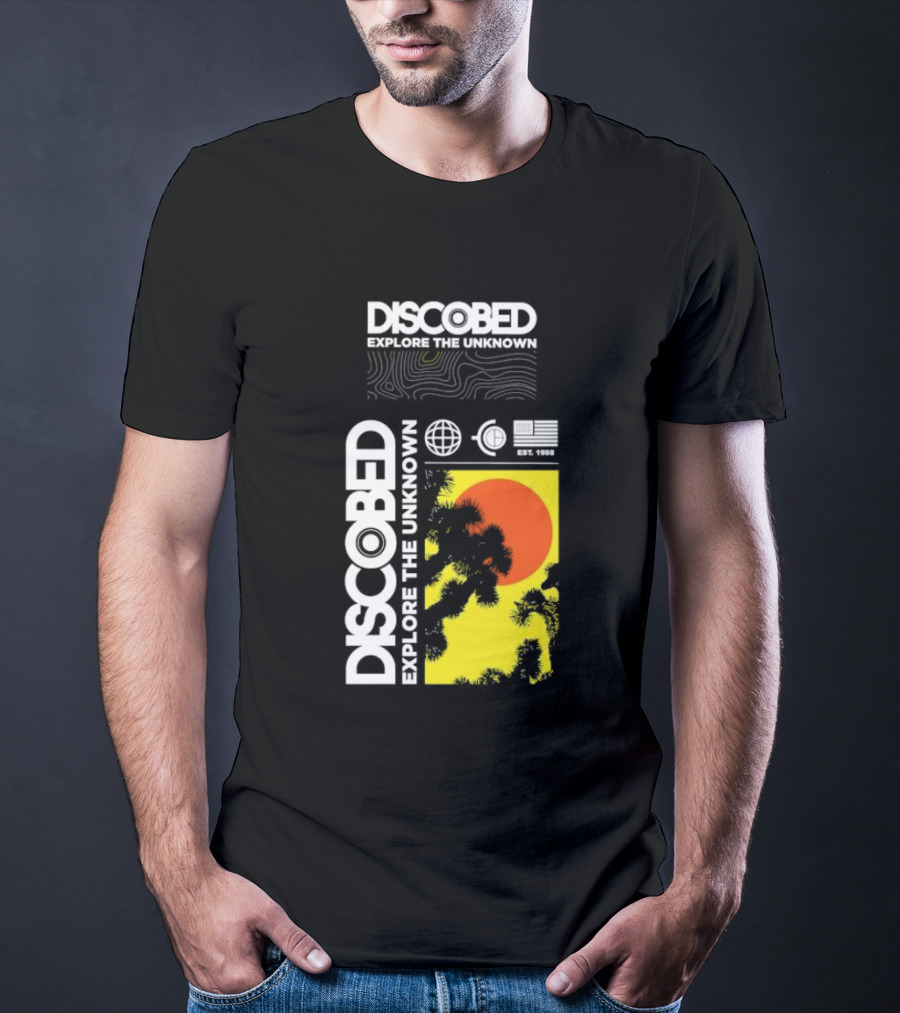 Discobed Explore The Unknown Global Exploration Est 1988 Sun Images With Iconic Nature Scene T-Shirt