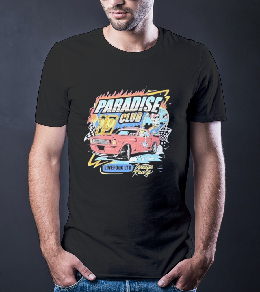 Paradise Club 19 Livefolk Ltd Vintage Racing Skeleton Racer Car Checkered Flags T-Shirt