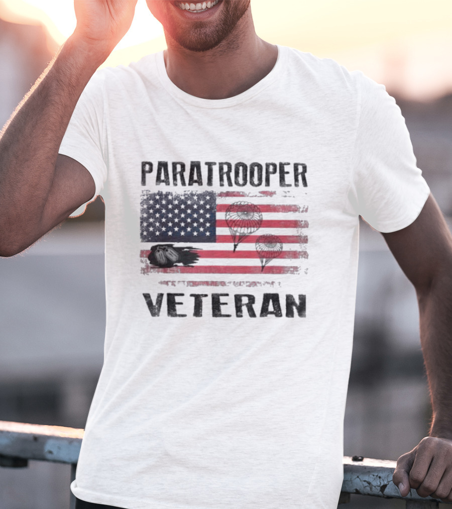 Paratrooper Veteran US Flag Tribute With Airborne T-Shirt