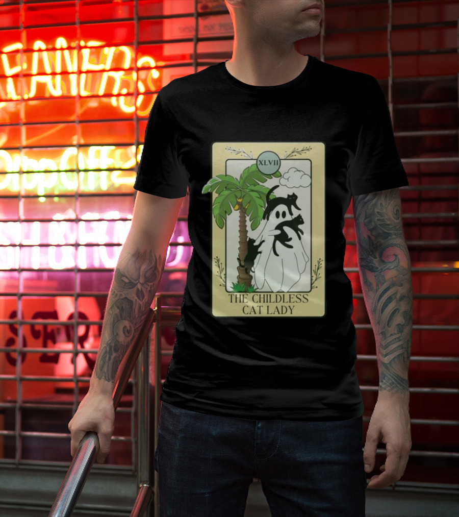 XLVII The Childless Cat Lady Ghost Black Cat Coconut Tree T-Shirt