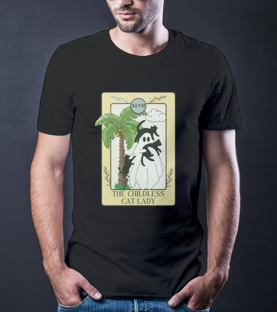 XLVII The Childless Cat Lady Ghost Black Cat Coconut Tree T-Shirt