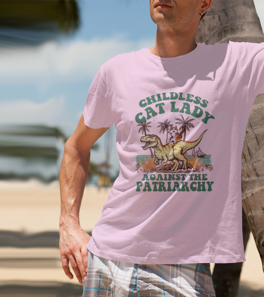 Childless Cat Lady Riding Dinosaur Against The Patriarchy With Flaming Coconut Trees T-Shirt