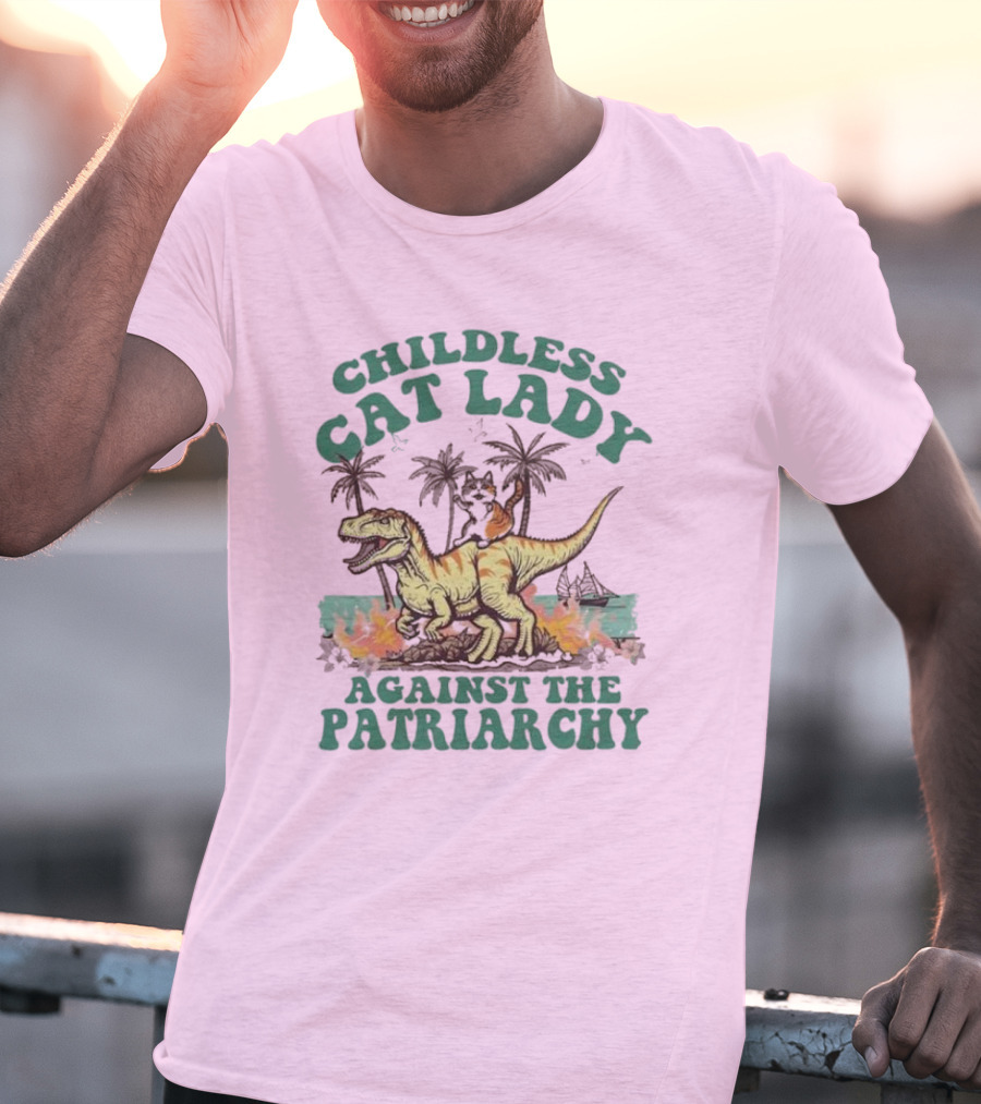 Childless Cat Lady Riding Dinosaur Against The Patriarchy With Flaming Coconut Trees T-Shirt