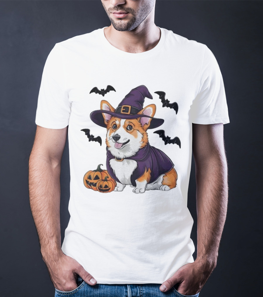 Halloween Corgi In Witch Hat With Pumpkins And Bats T-Shirt