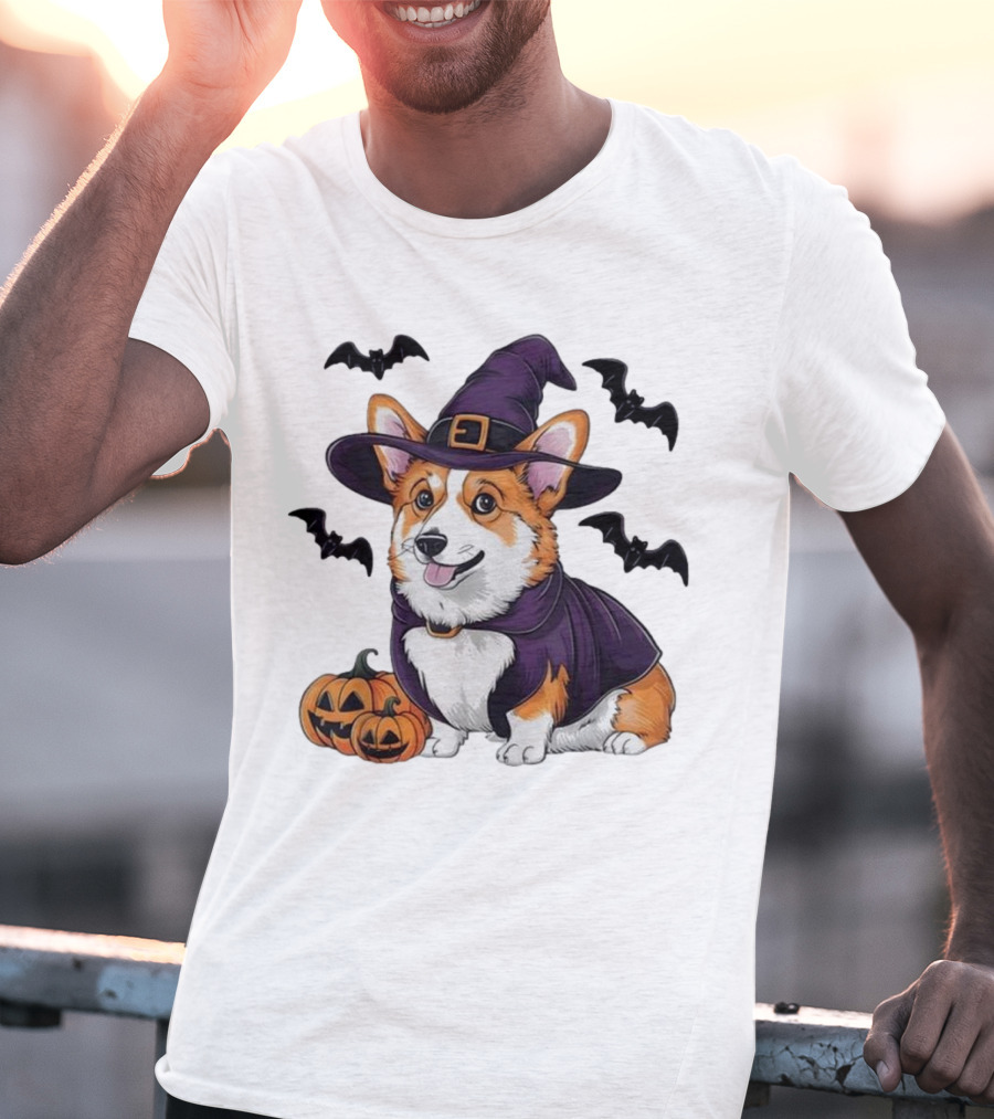 Halloween Corgi In Witch Hat With Pumpkins And Bats T-Shirt