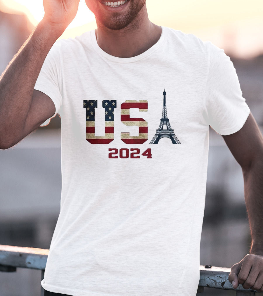 USA American Flag Eiffel Tower T-Shirt
