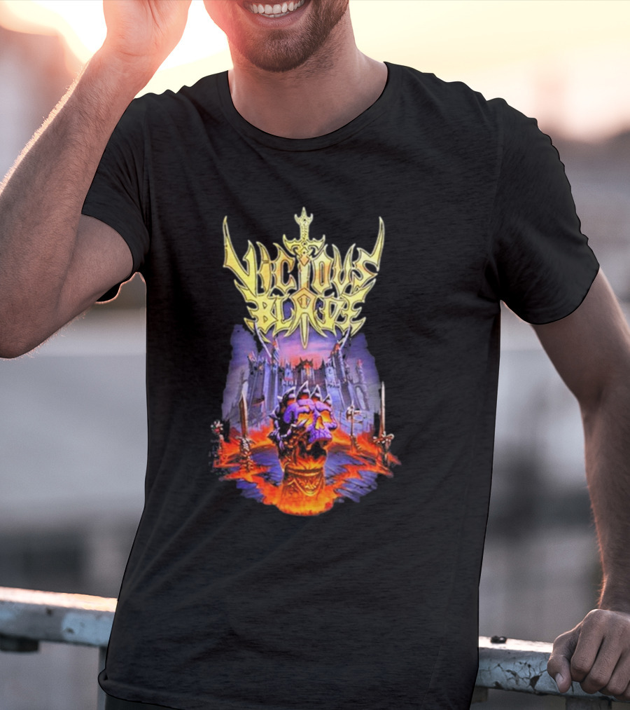 Vicious Blade Skull Fortress With Flaming Swords T-Shirt