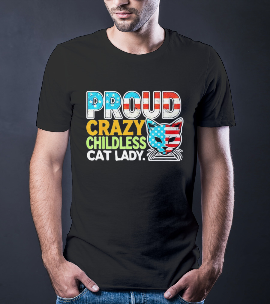 Proud Crazy Childless Cat Lady American Flag Cat Head T-Shirt