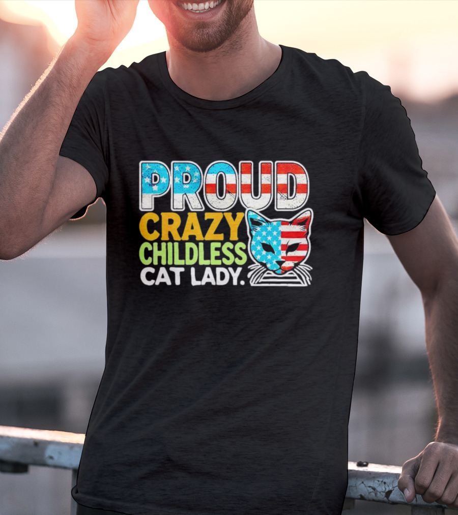 Proud Crazy Childless Cat Lady American Flag Cat Head T-Shirt