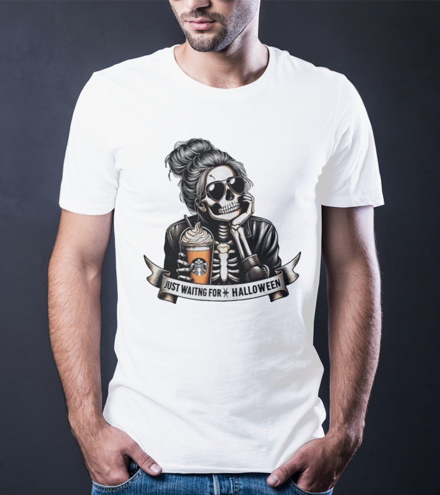 Just Waiting For Halloween Skeleton With Coffee Cup Spooky Season T-Shirt