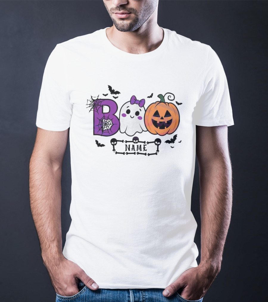 Boo Name Ghost Pumpkin Halloween Spiders Bats T-Shirt