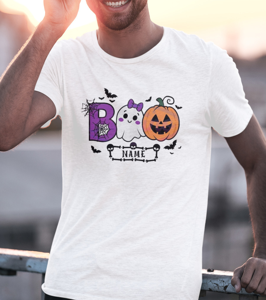 Boo Name Ghost Pumpkin Halloween Spiders Bats T-Shirt