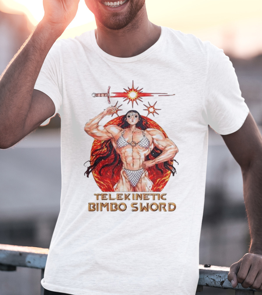 Rebecca Kirby Telekinetic Bimbo Sword Warrior With Fiery Background T-Shirt