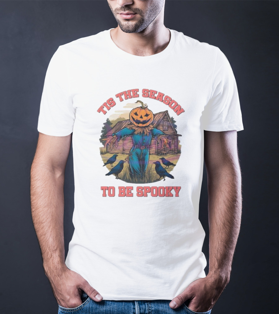 Tis The Season To Be Spooky Pumpkin Head Scarecrow With Crows In Front Of Haunted House T-Shirt