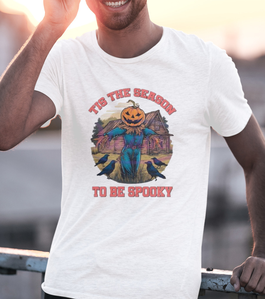 Tis The Season To Be Spooky Pumpkin Head Scarecrow With Crows In Front Of Haunted House T-Shirt