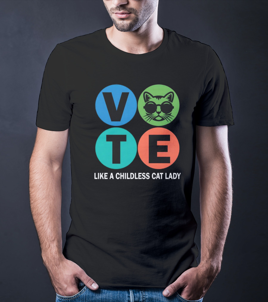 Vote Like A Childless Cat Lady Retro Circle Cat Face T-Shirt