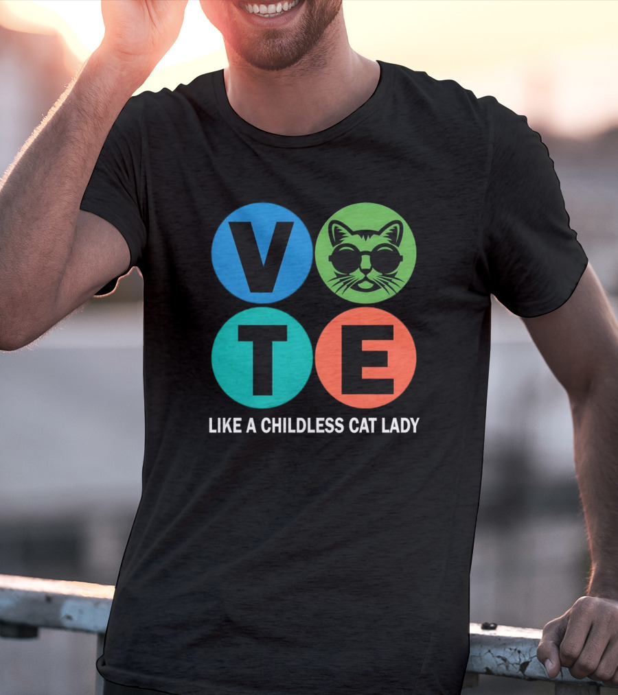 Vote Like A Childless Cat Lady Retro Circle Cat Face T-Shirt
