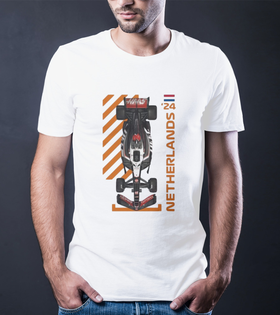 Haas F1 Racing Car Netherlands 24 Orange Stripes Racing Formula 1 T-Shirt