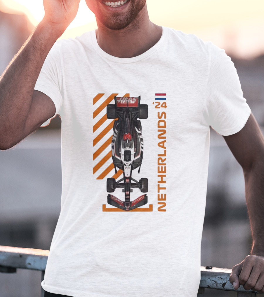 Haas F1 Racing Car Netherlands 24 Orange Stripes Racing Formula 1 T-Shirt