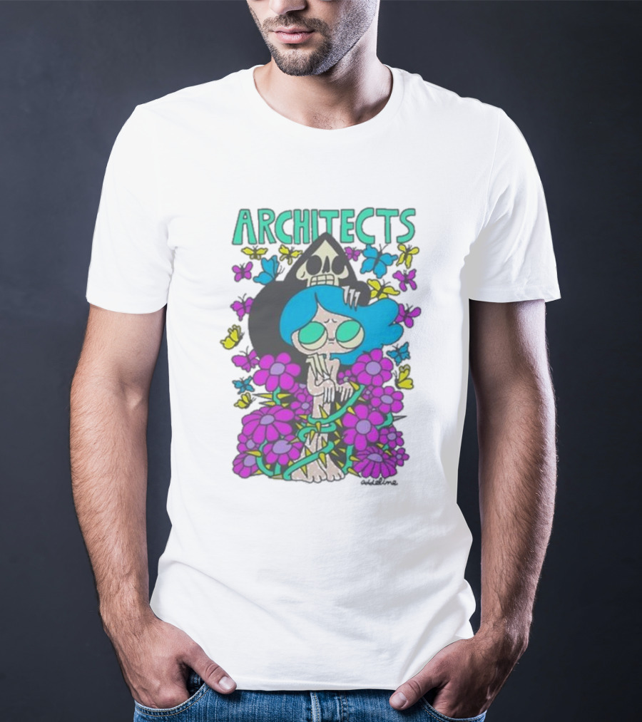 ARCHITECTS Butterfly Skull Skeleton Flowers Blue Hair T-Shirt