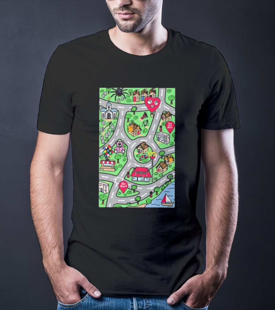 Are We There Yet Cute Cartoon Map With Smiling Landmarks And Colorful Scenery T-Shirt