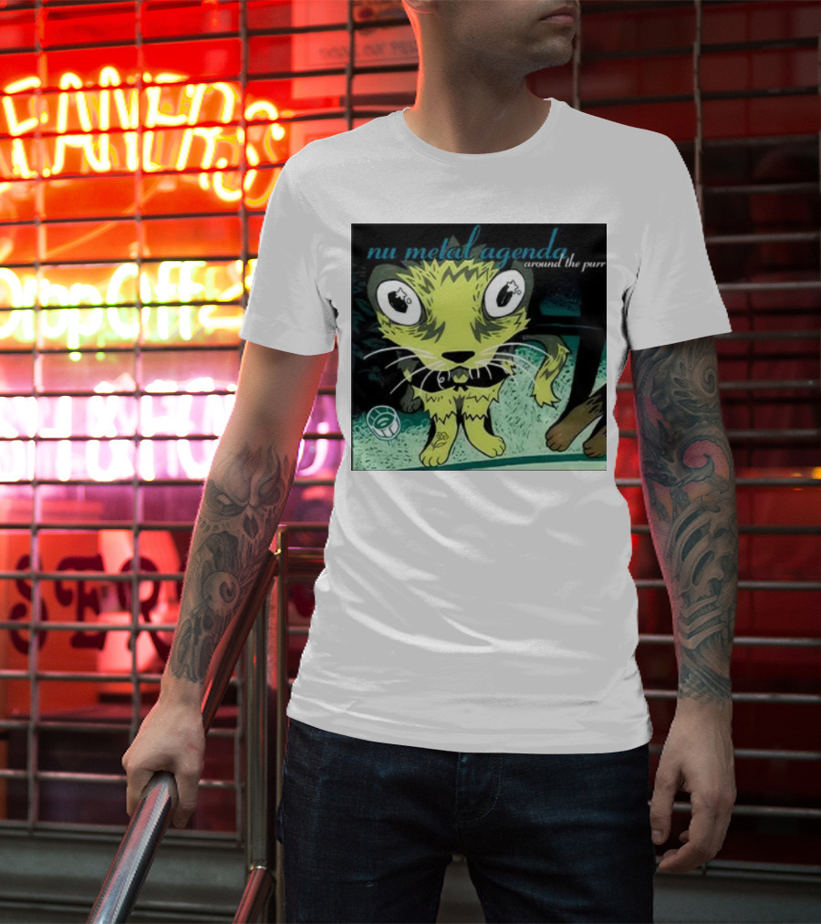 Nu Metal Agenda Around The Purr Feline Illustration With Swirling Colors And Bold Letters T-Shirt