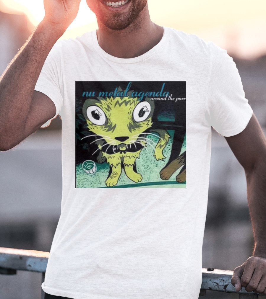 Nu Metal Agenda Around The Purr Feline Illustration With Swirling Colors And Bold Letters T-Shirt