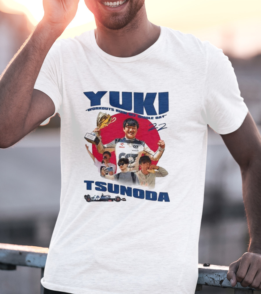 Yuki Tsunoda Victory Celebration With Racing Imagery And Text 'Run My Whole Day 22' T-Shirt