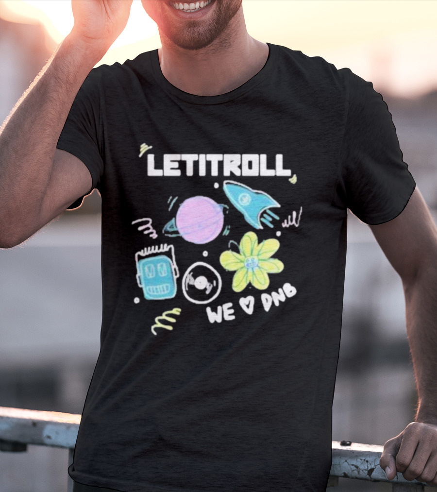 LETITROLL We Love DNB Planet Rocket Robot Flower T-Shirt
