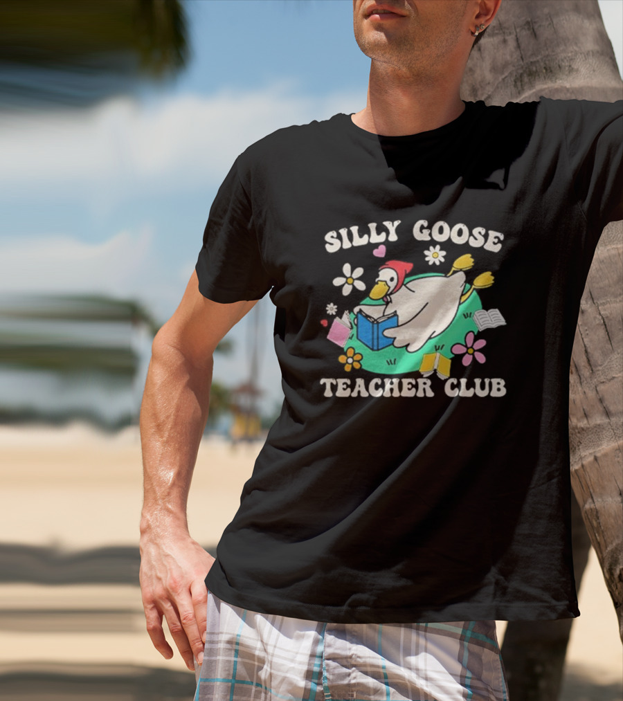 Silly Goose Teacher Club Reading Duck With Flowers And Open Books T-Shirt