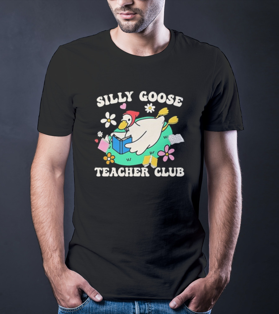 Silly Goose Teacher Club Reading Duck With Flowers And Open Books T-Shirt