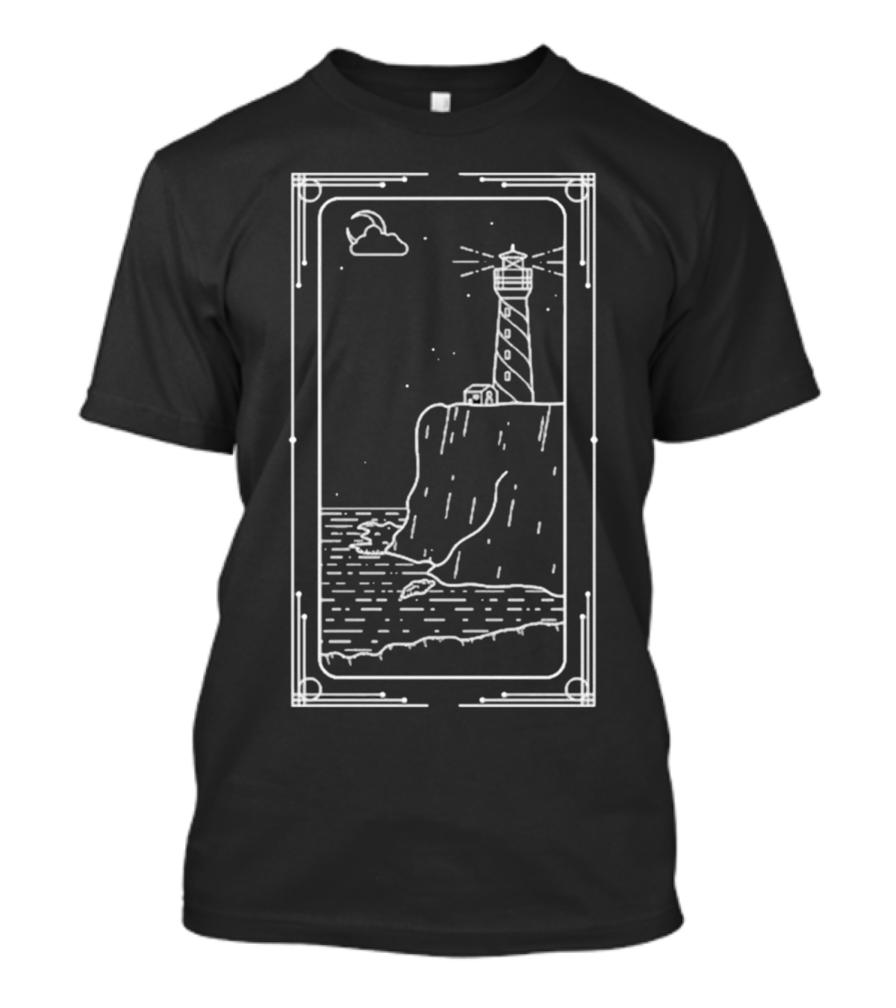 Coastal Lighthouse Cliff With Starry Sky And Waves T-Shirt