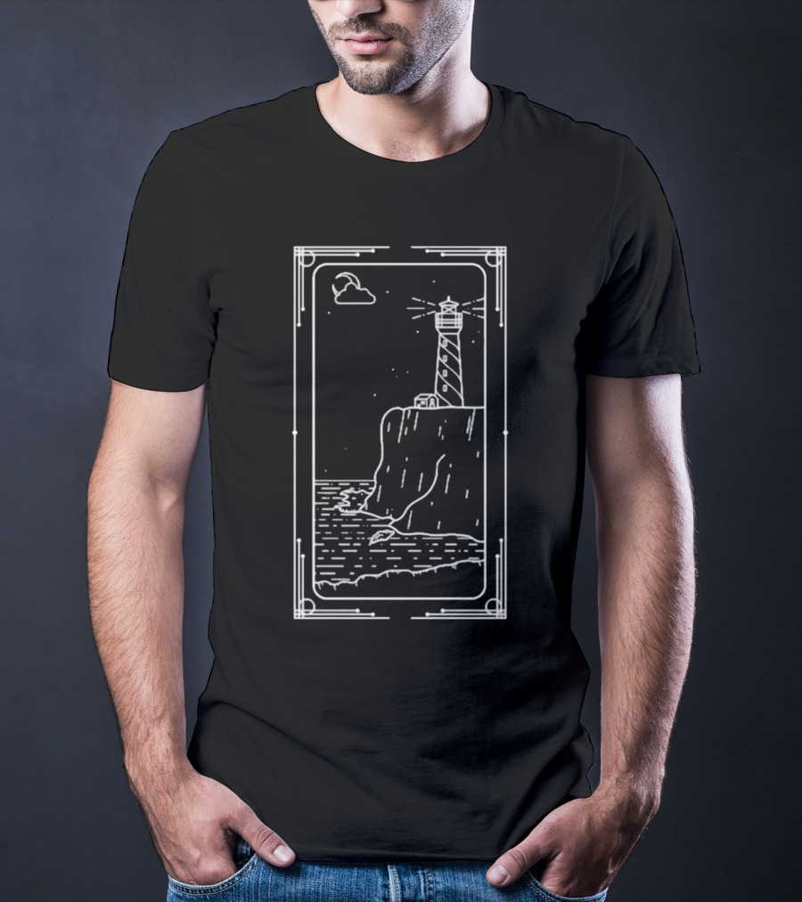 Coastal Lighthouse Cliff With Starry Sky And Waves T-Shirt