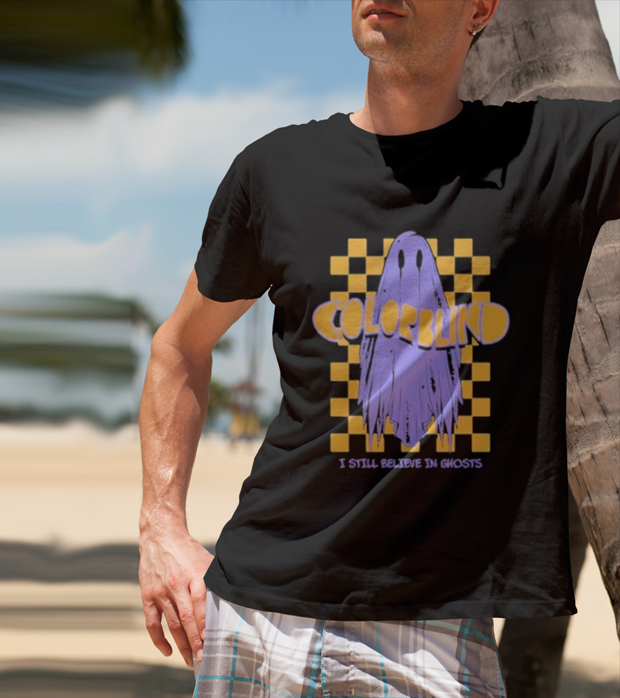 Colorblind I Still Believe In Ghosts Purple Ghost On Yellow Checkered Background T-Shirt
