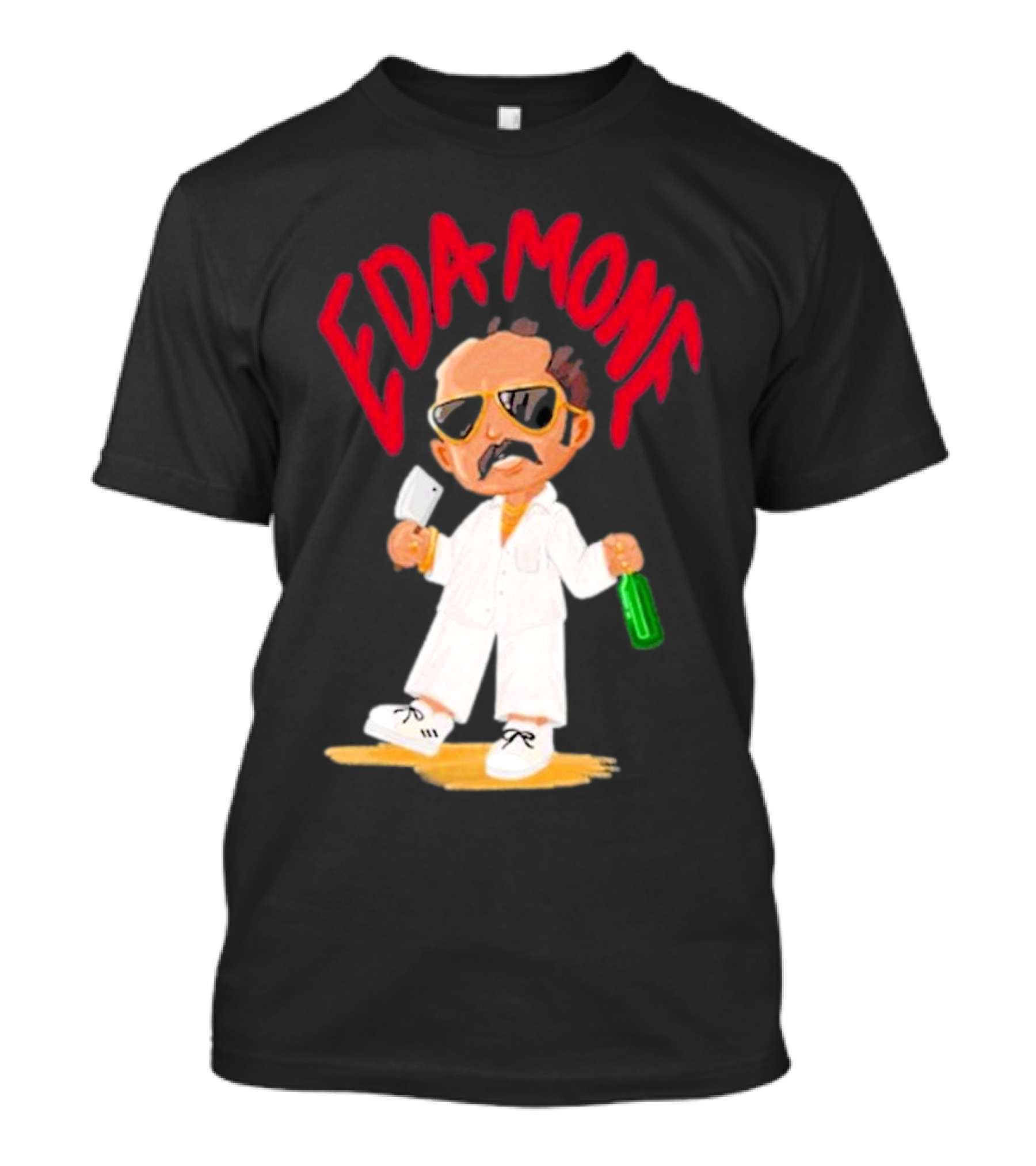 Eda Mone Rangan Chettan Cartoon Character In White Suit With Sunglasses Holding Cleaver And Bottle T-Shirt