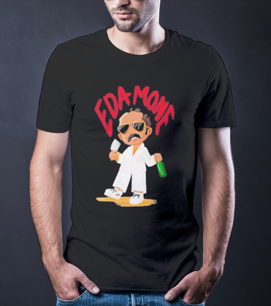Eda Mone Rangan Chettan Cartoon Character In White Suit With Sunglasses Holding Cleaver And Bottle T-Shirt