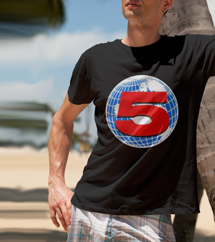 Red Number 5 On Blue And White Globe Background T-Shirt