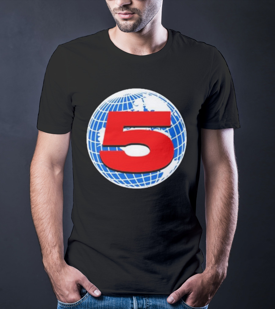 Red Number 5 On Blue And White Globe Background T-Shirt