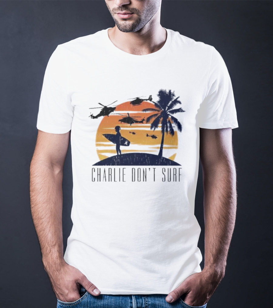 Charlie Don’t Surf Helicopters Palm Sunset Surfer T-Shirt