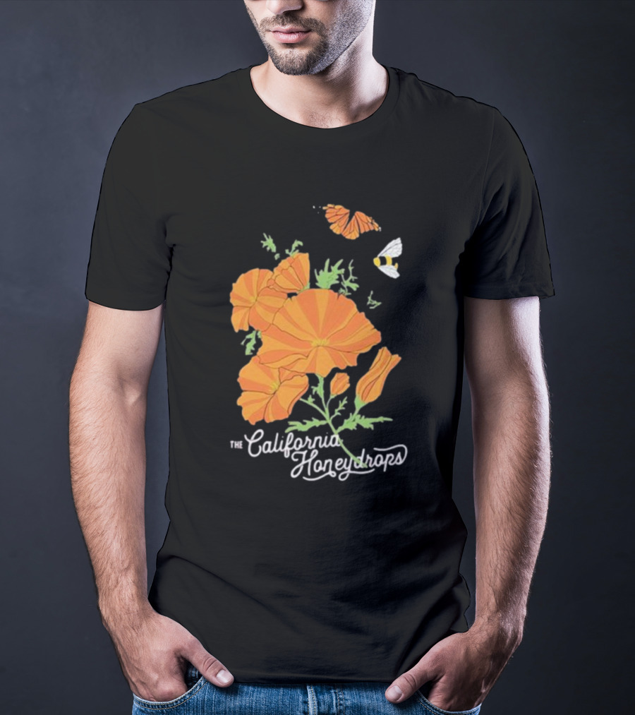 The California Honeydrops Orange Poppies Meadow With Butterfly And Bee T-Shirt