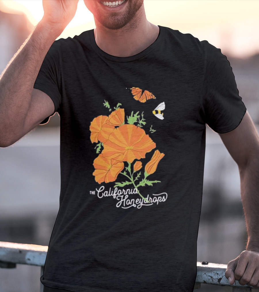 The California Honeydrops Orange Poppies Meadow With Butterfly And Bee T-Shirt