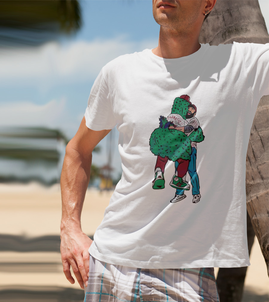 Phanatic Phillies Mascot Embrace With Baseball Player T-Shirt