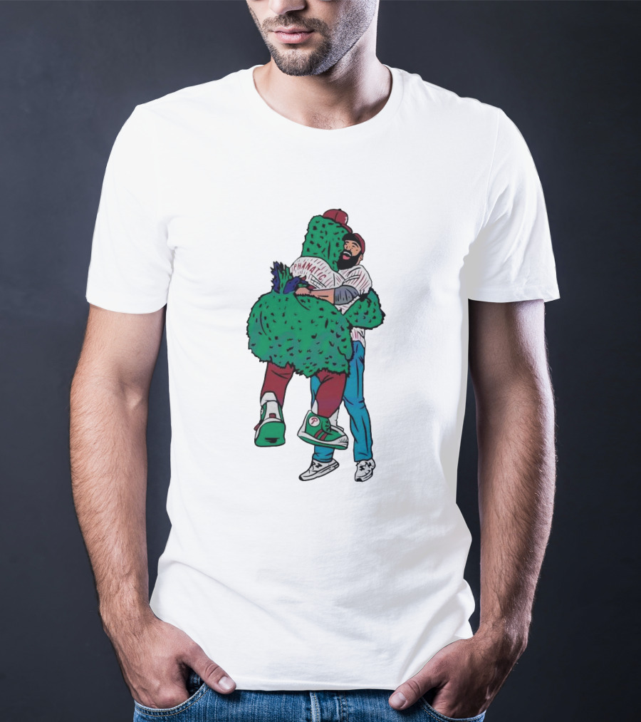 Phanatic Phillies Mascot Embrace With Baseball Player T-Shirt