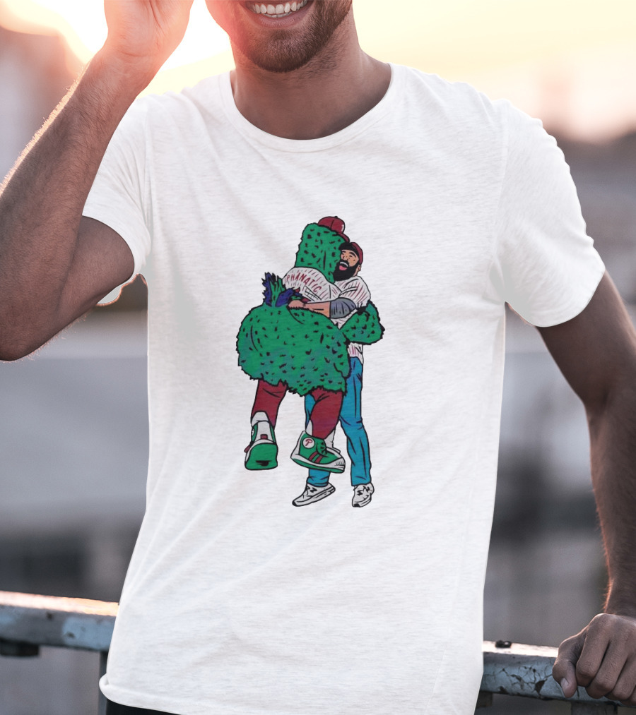 Phanatic Phillies Mascot Embrace With Baseball Player T-Shirt